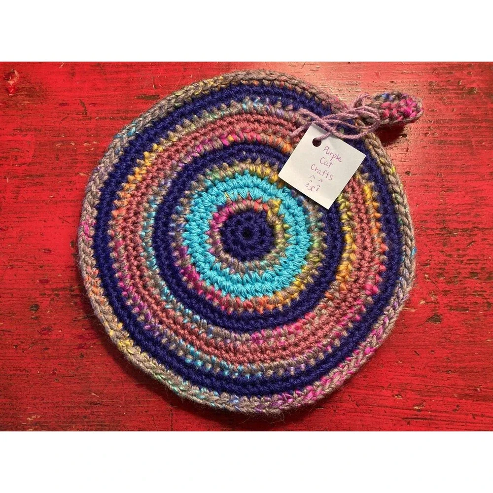 PURPLE CAT CRAFTS Handmade Crocheted Trivet Potholder Hot Pad Round Colorful
